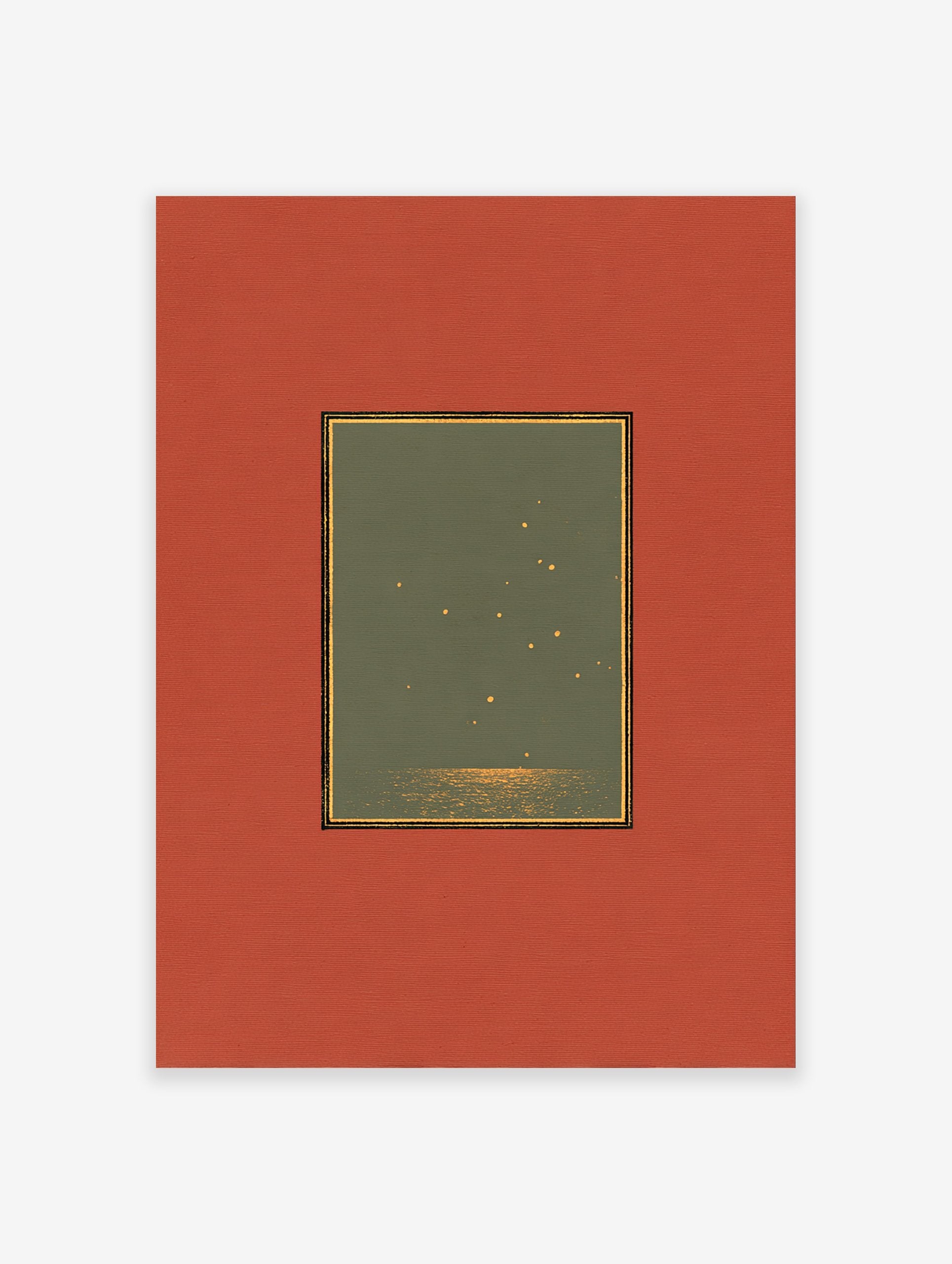 Celestial Wall Art print with golden stars over dark water, matted in green with a gold border and wide terracotta mat.