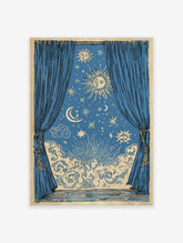 Celestial poster showing blue curtains open to a mystical night sky with sun, moon, stars, clouds, and an eye symbol.