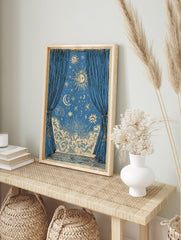 Celestial poster showing blue curtains open to a mystical night sky with sun, moon, stars, clouds, and an eye symbol. - Image 4