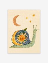 Celestial snail poster with sunburst shell, small bird, crescent moon, and stars on cream background