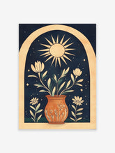 Illustrative wall art print with sun, potted white flowers, green leaves, stars, and arch on navy background