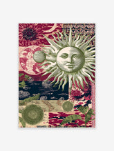 Vintage celestial sun and moon collage print with globes, maps, and botanical elements in burgundy, navy, and green