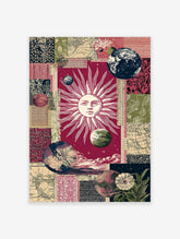 Celestial sun with human face, planets, and vintage map collage on deep red background