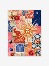 Celestial sun with a face, planets, flowers, and maps in a vibrant vintage collage print