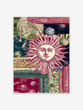 Illustrative celestial sun with planets, vintage world map, and patterned borders in red, green, and blue