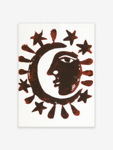 Rust red celestial sun and moon face poster with stars and teardrop rays on white