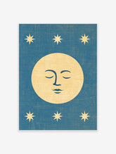 Celestial sun face illustration with stars on a blue background, vintage style wall art print