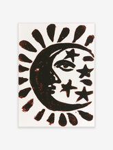 Black and white celestial poster of a crescent moon face with stars and sun rays