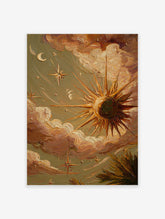 Textured celestial wall art painting with a radiant sun, crescent moon, and stars amidst warm, cloudy skies and earth-toned foliage.