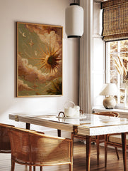 Textured celestial wall art painting with a radiant sun, crescent moon, and stars amidst warm, cloudy skies and earth-toned foliage. - Image 2