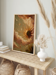Textured celestial wall art painting with a radiant sun, crescent moon, and stars amidst warm, cloudy skies and earth-toned foliage. - Image 3