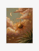 Textured celestial wall art painting with sun, moon, stars, clouds, and green foliage in earthy tones.