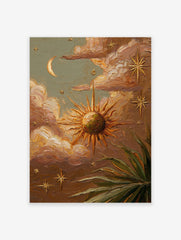 Textured celestial wall art painting with sun, moon, stars, clouds, and green foliage in earthy tones.