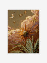 Textured celestial wall art painting with sun, moon, stars, clouds, and tropical leaves in earthy tones.