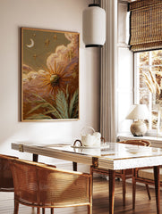 Textured celestial wall art painting with sun, moon, stars, clouds, and tropical leaves in earthy tones. - Image 2