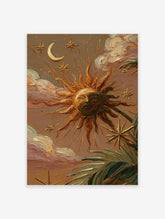 Textured celestial wall art painting with a sun face, crescent moon, stars, clouds, and palm leaves in earth tones.