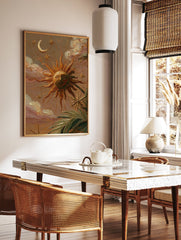 Textured celestial wall art painting with a sun face, crescent moon, stars, clouds, and palm leaves in earth tones. - Image 2