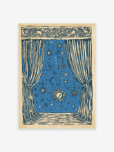 Celestial window poster with a blue night sky illustration featuring suns, moons, and stars, framed by ornate curtains.