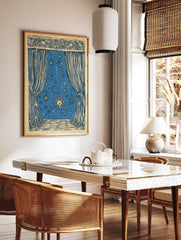 Celestial window poster with a blue night sky illustration featuring suns, moons, and stars, framed by ornate curtains. - Image 2