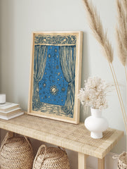 Celestial window poster with a blue night sky illustration featuring suns, moons, and stars, framed by ornate curtains. - Image 4