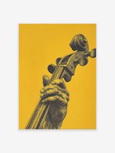 Detailed illustration of a hand holding the neck of a cello against a bright yellow background, Cello Art Print.