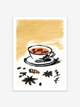 Japanese style illustration of a chai tea cup with star anise, ginger, and coffee beans on a warm background.