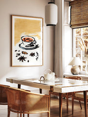 Japanese style illustration of a chai tea cup with star anise, ginger, and coffee beans on a warm background. - Image 3