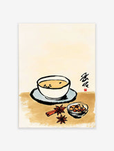 Illustrated chai tea with cinnamon, star anise, and nuts in a bowl, in an Asian art style, on a beige background.