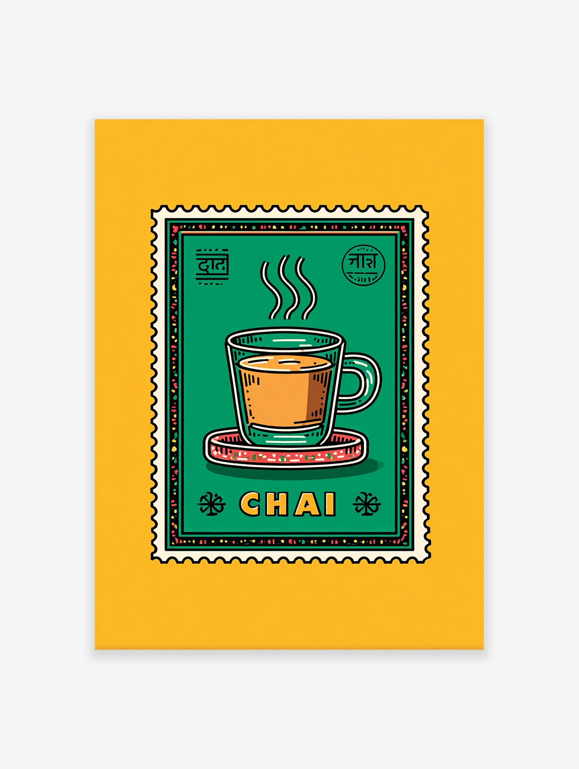 Illustrated Chai Wall Art print depicting a steaming cup of Indian tea in a green postage stamp design with yellow background.