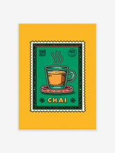 Illustrated Chai Wall Art print depicting a steaming cup of Indian tea in a green postage stamp design with yellow background.
