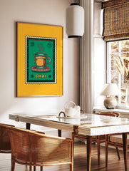 Illustrated Chai Wall Art print depicting a steaming cup of Indian tea in a green postage stamp design with yellow background. - Image 3