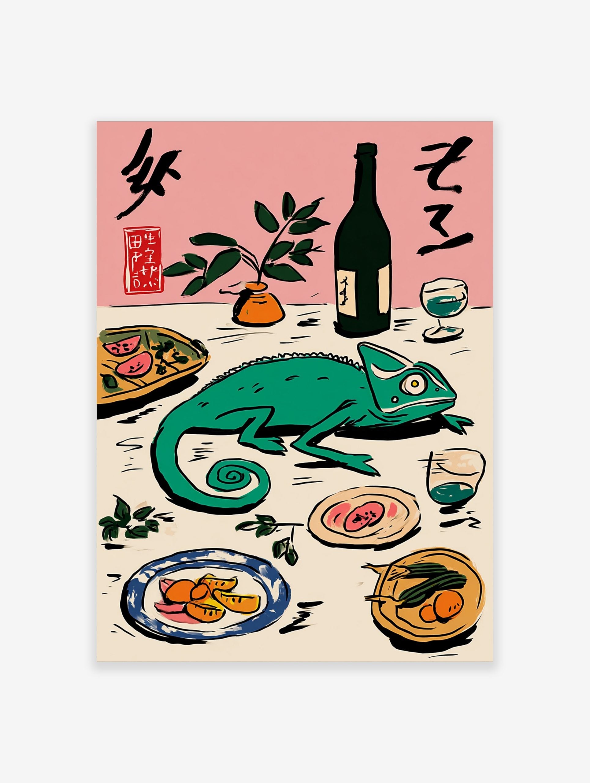 Green chameleon on a table with Japanese calligraphy, bottle, plant, and plates of food on a pink background