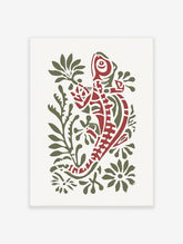 Red and green illustrated chameleon art print surrounded by green foliage on a white background, nature decor.