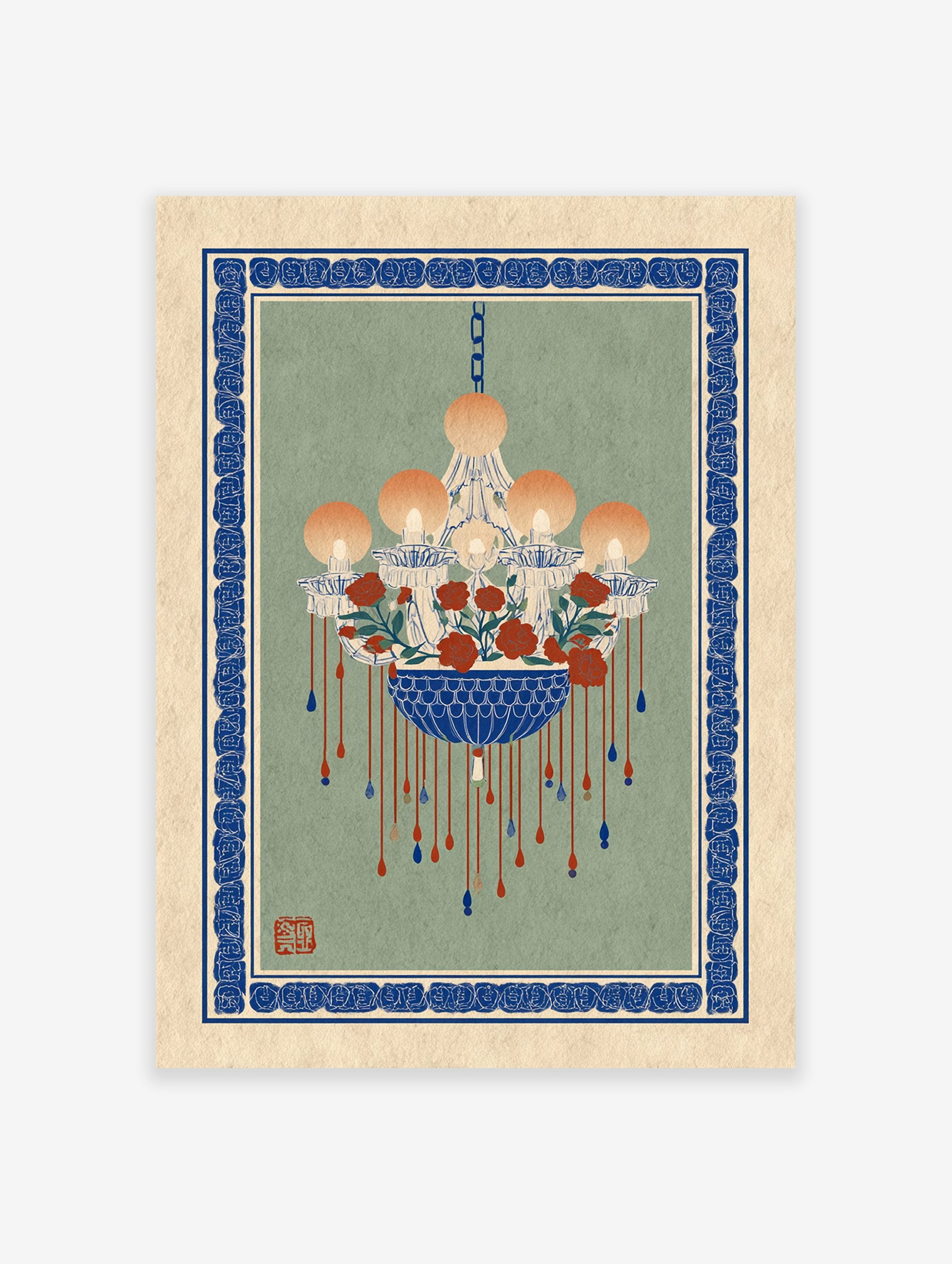 Chandelier floral art print with red roses, blue accents, and an ornate blue border on a sage green background.