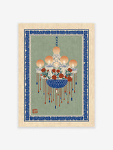 Chandelier floral art print with red roses, blue accents, and an ornate blue border on a sage green background.