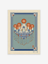 Ornate blue and orange chandelier wall art illustration with traditional patterns and red hanging elements