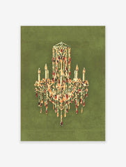 Elegant crystal chandelier wall art print with glowing candles on a dark green background, featuring gold and amber details.