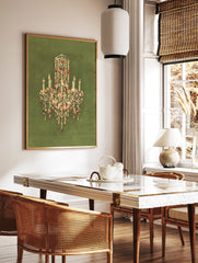 Elegant crystal chandelier wall art print with glowing candles on a dark green background, featuring gold and amber details. - Image 3