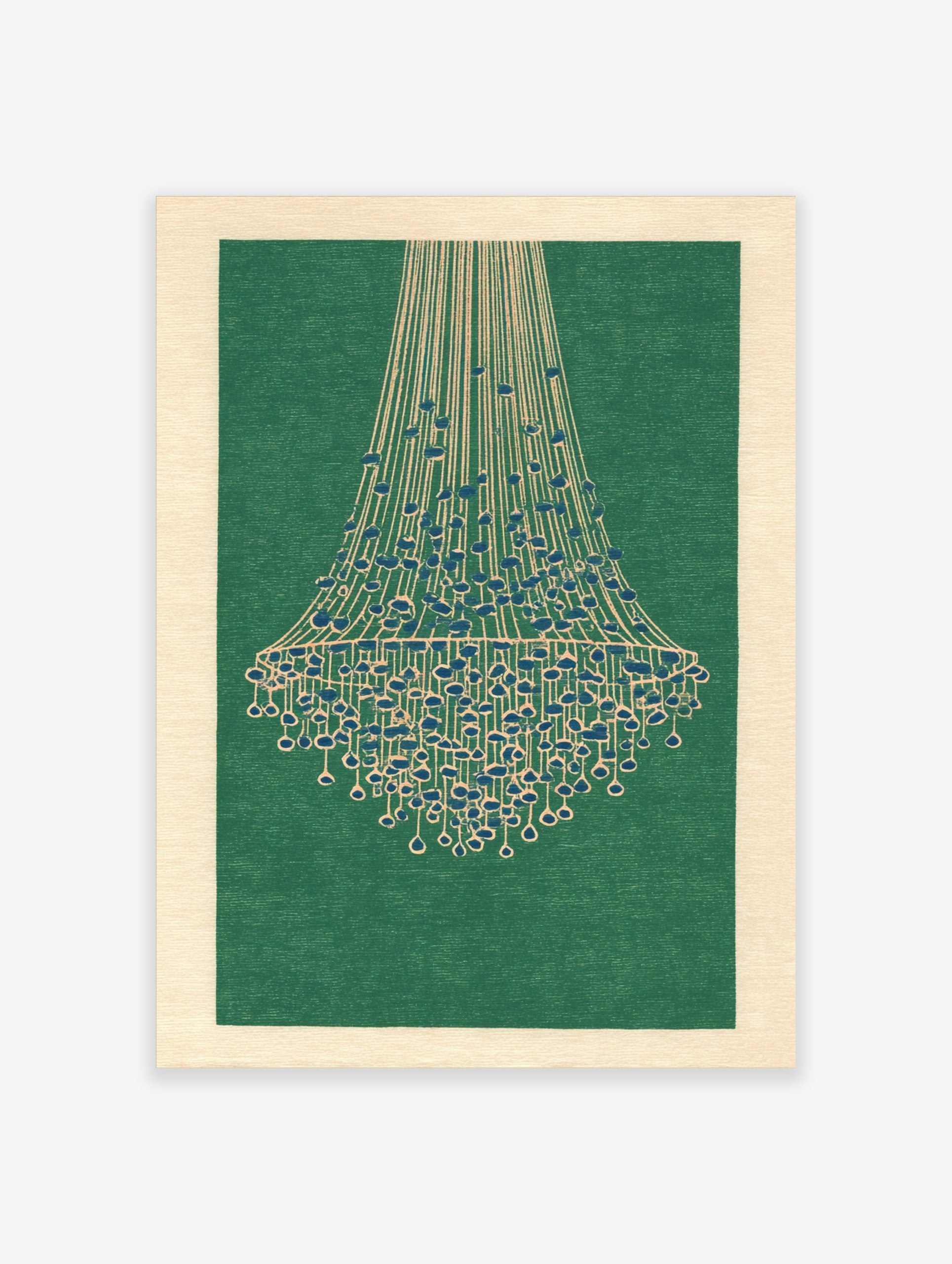 Illustrative chandelier wall art print with cream lines and blue beads on a deep green background