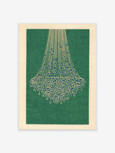 Illustrative chandelier wall art print with cream lines and blue beads on a deep green background