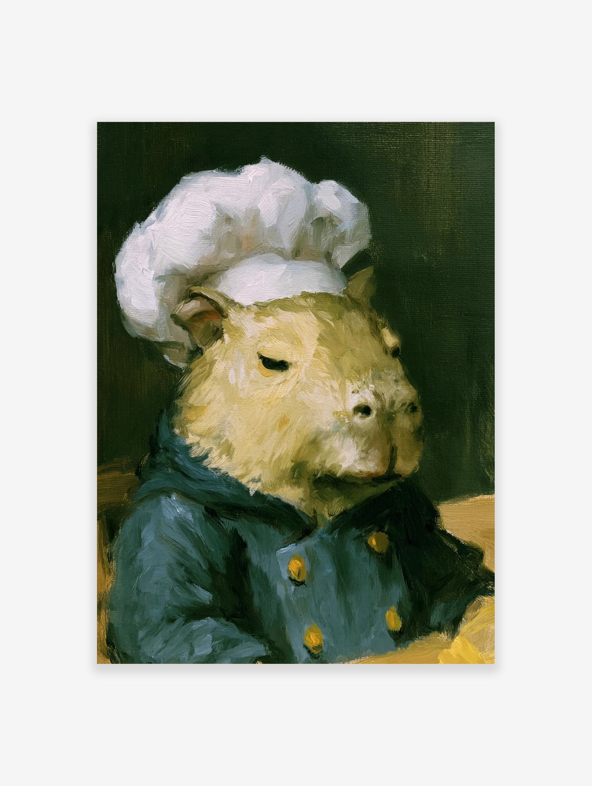 Painterly capybara portrait wearing a white chef hat and blue jacket, animal wall art print