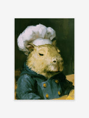Painterly capybara portrait wearing a white chef hat and blue jacket, animal wall art print