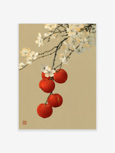 Japanese-style illustration of white cherry blossoms and red fruit on a tan background