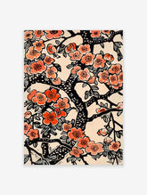Cherry Blossom Poster with vibrant peach and red flowers on black branches, a Japanese floral illustration on a cream background.