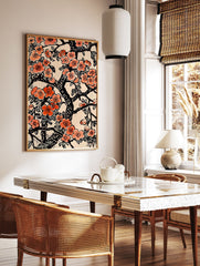 Cherry Blossom Poster with vibrant peach and red flowers on black branches, a Japanese floral illustration on a cream background. - Image 2