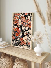 Cherry Blossom Poster with vibrant peach and red flowers on black branches, a Japanese floral illustration on a cream background. - Image 4