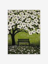 Illustrative linocut print of a black tree with white cherry blossoms, green background, and a park bench