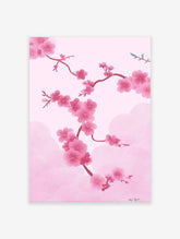 Pink cherry blossom wall art with delicate sakura flowers and branches on a soft pink background with subtle wave patterns.