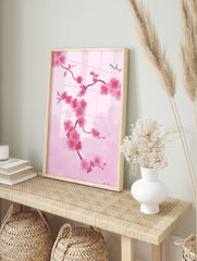 Pink cherry blossom wall art with delicate sakura flowers and branches on a soft pink background with subtle wave patterns. - Image 3