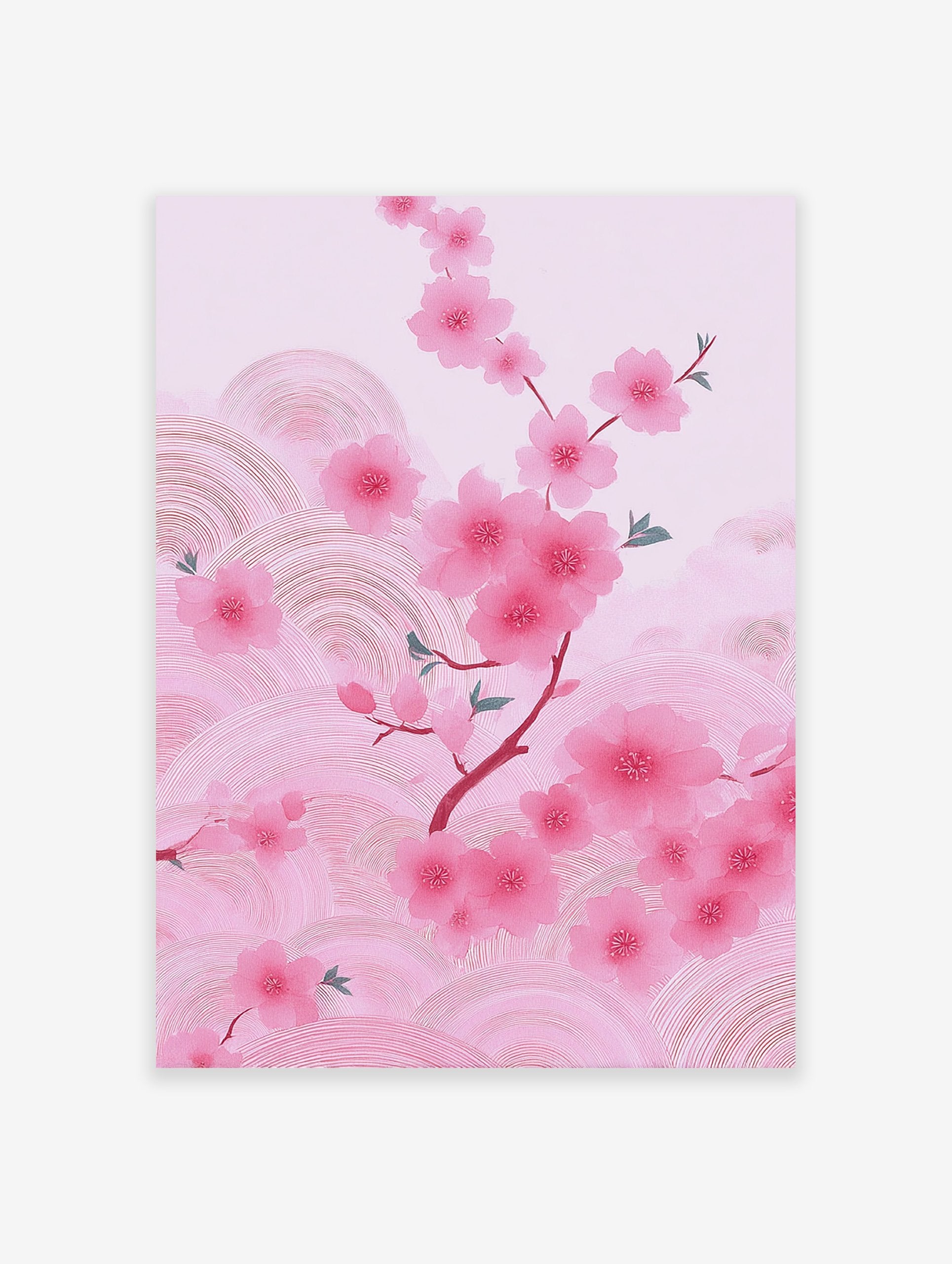Pink cherry blossom branch illustration with delicate flowers and subtle wavy patterns on a light pink background